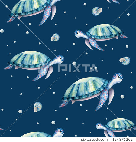Sea turtle seamless pattern. Nice watercolor reptile, shell, hand drawn illustration isolated on background. For designers, postcards, greetings, birthday, calendar, wallpapers, wrapping paper and Sea turtle seamless pattern. Nice watercolor reptile, shell, hand drawn illustration isolated on background. For designers, postcards, greetings, birthday, calendar, wallpapers, wrapping paper and 124875262