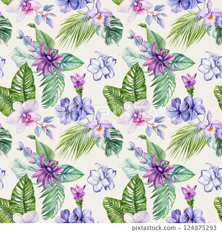 Watercolor seamless pattern passion flowers, exotic leaves. Tropical floral nature design floral background card, poster Watercolor seamless pattern passion flowers, exotic leaves. Tropical floral nature design floral background card, poster 124875293