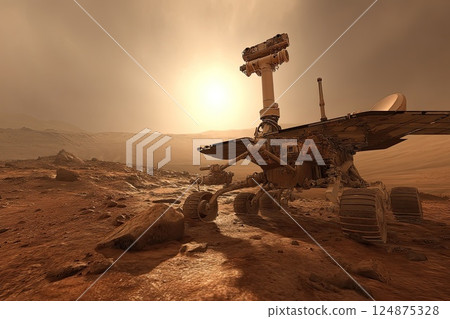 Rover on surface of Mars studies the situation, features of the atmosphere and takes soil samples. Capturing images, the rover analyzes Mars' unique landscape and atmospheric conditions. 124875328
