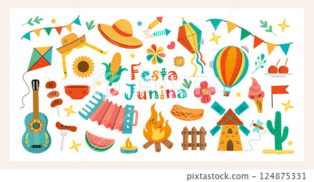 Festa Junina clipart set. Colorful hand drawn vector illustrations accordion, bonfire, corn, guitar, food, flags, balloon, fireworks and festival decor. Perfect for summer, parties, kids and posters. 124875331