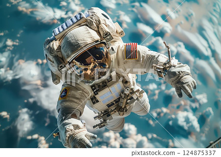 Astronaut in a spacesuit in outer space. An astronaut floats gracefully in the vastness of outer space, surrounded by a breathtaking panorama of stars and distant planets. 124875337