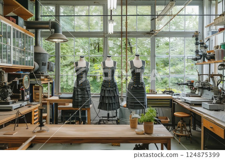 Beautiful dresses from the latest collection on mannequins in a modern atelier. Elegant dresses from the latest collection are beautifully displayed on mannequins in a chic modern atelier setting. Beautiful dresses from the latest collection on mannequins in a modern atelier. Elegant dresses from the latest collection are beautifully displayed on mannequins in a chic modern atelier setting. 124875399