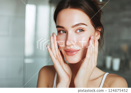 40 year old Caucasian woman applying moisturizer to her face. Skin beauty and elasticity after 40. A woman lovingly cares for her skin, applying moisturizer to maintain its beauty at 40 and beyond. 124875452