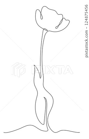 Beautiful Flower in One Continuous Line Drawing. Simple Minimalist Tulip in Linear Style. Vector Illustration. Hand Drawn Monoline. Editable stroke 124875456