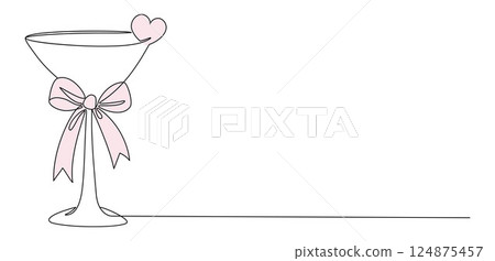 Romance Glass Cocktail with Pink Bow and Heart. One Continuous Simple Linear Drawing Coquette Aesthetic Drink. Girly Vibe. Vector Horizontal Illustration. Hand Drawn Monoline. Valentines Day 124875457