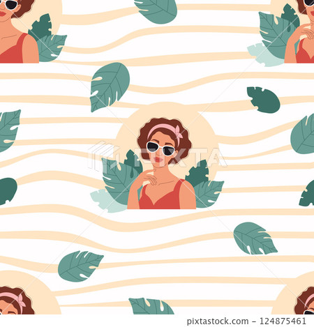 Summer Woman Seamless Pattern. Female Portrait in Sunglasses with Tropical Leaves on Distorted Stripe Background. Vector illustration 124875461