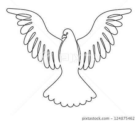 Flying Dove Bird. One Continuous Line Drawing. Pigeon Symbol of Peace and Freedom, Pentecost in Simple Linear Style. Line Art. Vector Illustration. Hand Drawn Doodle Monoline 124875462