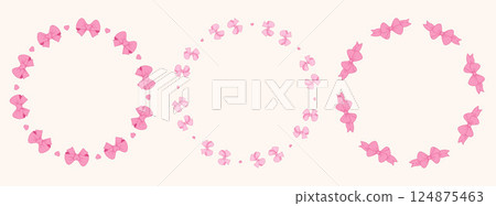 Coquette Pink Ribbon Bow Circle Frame set. Vintage isolated Elegant round border. Romantic Girly Vibe. Vector illustration for design, wedding, invitation, card 124875463