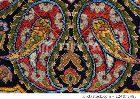 Manufacturing process, weaving of a traditional wool oriental red carpet with an intricate floral pattern, decorative elements Manufacturing process, weaving of a traditional wool oriental red carpet with an intricate floral pattern, decorative elements 124875485