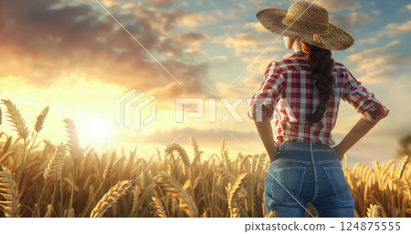 Back view of a female farmer in a wheat field. In the midst of the golden wheat field, the farmer finds solace and purpose. 124875555
