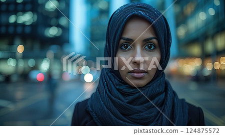 The strength and determination of a Muslim woman in a hijab as she navigates the fast-paced world of business in a European metropolis. 124875572