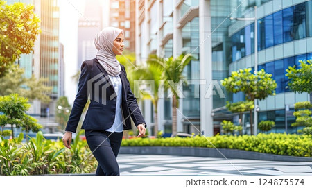 This photo captures the essence of empowerment as a Muslim woman in a hijab commands attention against the urban backdrop of a European metropolis. 124875574