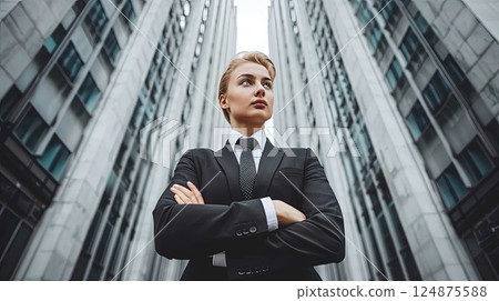 Scandinavian businesswoman in a formal suit against the backdrop of skyscrapers in the business district of the city. Success and prosperity. Hard work in finance. 124875588