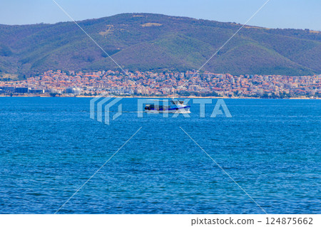 Pleasure boat sailing on the Black sea in Nessebar, Bulgaria 124875662