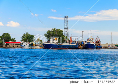 Fishing trawlers in port in Nessebar, Bulgaria Fishing trawlers in port in Nessebar, Bulgaria 124875682