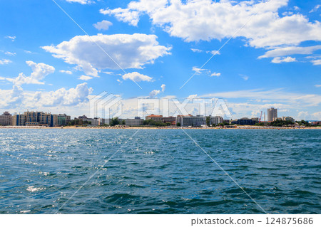 View of the Black sea and Sunny Beach resort in Bulgaria. View from a sea View of the Black sea and Sunny Beach resort in Bulgaria. View from a sea 124875686