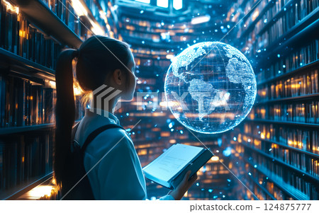 A woman interacts with a holographic globe while standing in a library. The concept of global knowledge and futuristic education. Generative AI. 124875777