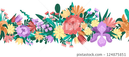 Decorative seamless border with garden flowers. Playful vector bunch with bright blossoms and leafy lush greens. Whimsical wildflower scene with textured petals. For spring-themed patterns and prints 124875851