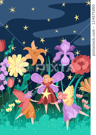 Vector of fairies dancing in fantasy garden with bright flowers. Starry night sky and lush foliage background. Magical garden scene with winged girls in round dance. Fairy tale prints and cards 124875860