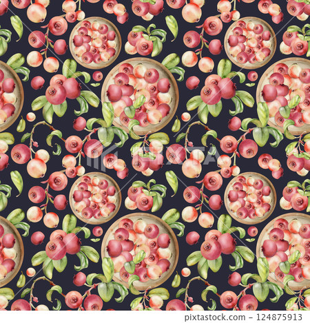 Cranberry lingonberry on ceramic plate, green leaves, scattered ripe forest berry. Seamless pattern, dark background hand drawn in watercolor. Patchwork, dessert menu, farmers market, home preserves 124875913