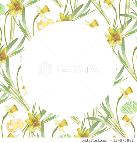 Frame with Easter eggs and narcissus flowers watercolor illustration isolated on white. Spring flowers and eggs hand drawn in pastel colors for Easter cards, packaging and holiday decor 124875981