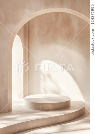Natural concrete empty podium for product photography in beige color. 124875999