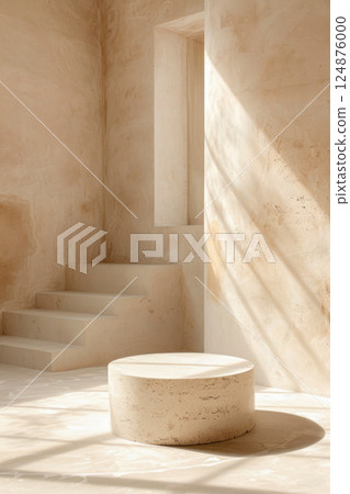 Natural concrete empty podium for product photography in beige color. 124876000