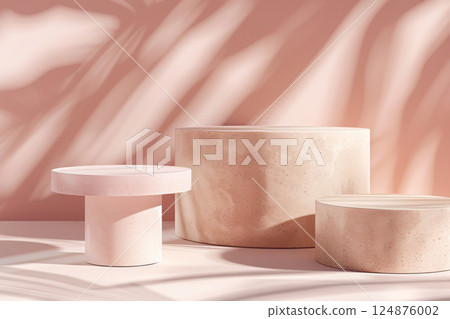 Natural concrete empty podiums for product photography in pink color. 124876002