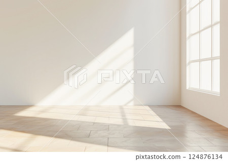 White mock-up blank room with white walls and beige color parquet floor. 124876134