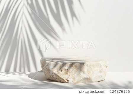 Natural stone empty podium pedestal with tropical leaves shadow for your product presentation. 124876136
