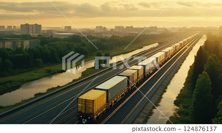 Nature's beauty meets industrial might as a freight train navigates through a picturesque forest, showcasing the harmonious coexistence of man and nature. 124876137