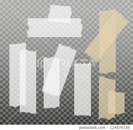 Scotch tape. Sticky paper tape. Adhesive Transparent sticky stripe. Sticker for collage, fixing photo notes. Vector Scotch tape. Sticky paper tape. Adhesive Transparent sticky stripe. Sticker for collage, fixing photo notes. Vector 124876180