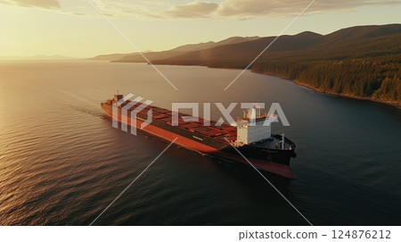 Aerial top view of cargo ship in sea. 124876212