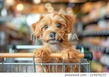 Cute little dog in a shopping cart on a blurred supermarket background. 124876237