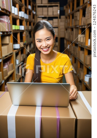 Online store seller during an online conversation with a buyer. Smiley young Asian woman sits in front of laptop monitor in a warehouse of products during online video call with a customer. 124876243