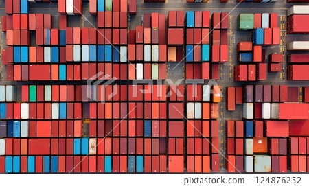 Huge area for storage and accounting of port cargo in containers. Container box in warehouse in shipping port. Global business of Container Cargo freight. Aerial view. 124876252