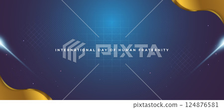 International Day Of Human Fraternity commemoration banner or poster with blue and gold composition in a futuristic concept International Day Of Human Fraternity commemoration banner or poster with blue and gold composition in a futuristic concept 124876581