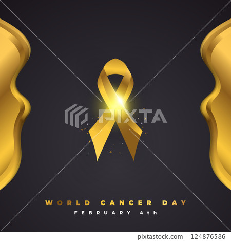 World cancer day concept with gold ribbon on black and gold background World cancer day concept with gold ribbon on black and gold background 124876586