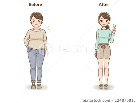 女性節食前後插圖 女性節食前後插圖 124876813