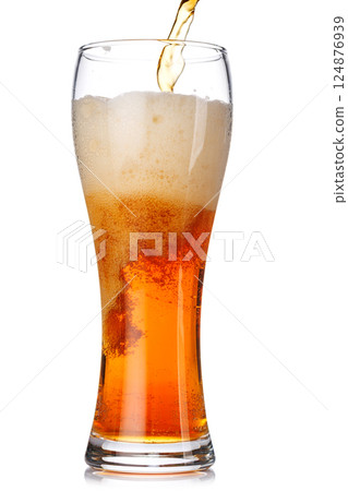 A glass of amber beer with frothy head, isolated on a clean white background A glass of amber beer with frothy head, isolated on a clean white background 124876939