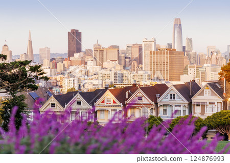 Pastel-colored evening photo of the Painted Ladies in San Francisco 124876993