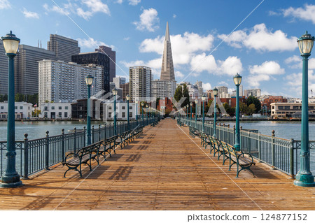 Scenic view of a classic wooden pier stretching into the San Francisco Bay 124877152