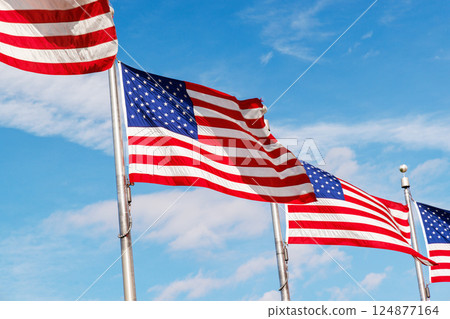 Rows of American flags waving against a sunny sky 124877164