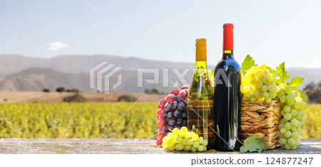 Red and white wine bottles with a grape basket, set against a picturesque vineyard landscape 124877247
