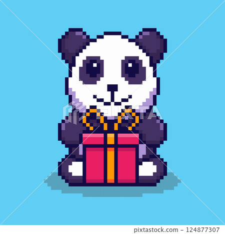 Pixel art Panda with Gift Box game asset design 124877307