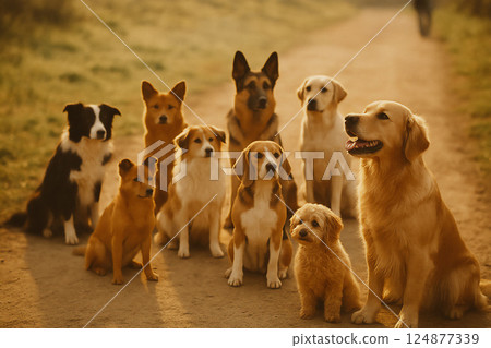 Many dogs sitting in a line on the street at dusk Many dogs sitting in a line on the street at dusk 124877339