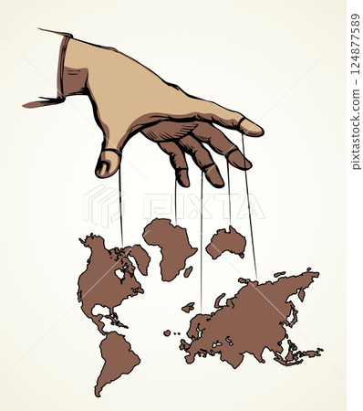 Man hand with a World map. Continents with contours of countries. Vector drawing Man hand with a World map. Continents with contours of countries. Vector drawing 124877589