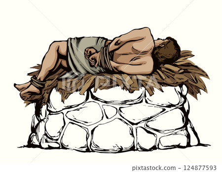Man With hands tied on altar. Vector drawing Man With hands tied on altar. Vector drawing 124877593