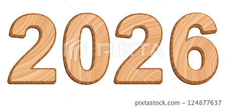 Vector digits isolated on white background. Set of three-dimensional numerals with texture of wood 124877637