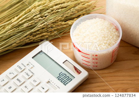 Rice in a measuring cup and a calculator Rice in a measuring cup and a calculator 124877834